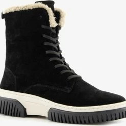 Hush Puppies Gevoerde Suede Dames Veterboots - Zwart - Maat 38 - Echt Leer