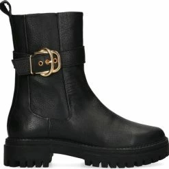 Manfield - Dames - Zwart Leren Boots Met Goudkleurige Gesp - Maat 38