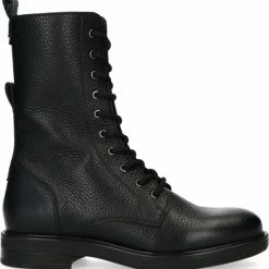 Manfield - Dames - Zwarte Leren Veterboots - Maat 40