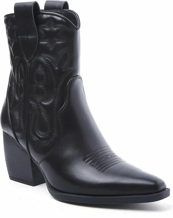 Weloveshoes SmileFavorites® Dames Cowboylaarzen Met Hak Kort - Imitatieleer - Zwart - Maat 37 4 Weloveshoes SmileFavorites® Dames Cowboylaarzen Met Hak Kort - Imitatieleer - Zwart - Maat 37 - Afbeelding 2
